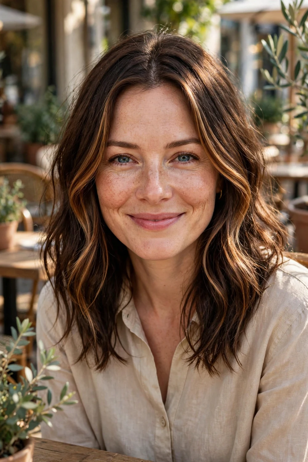 Brunette woman with subtle face-framing partial highlights