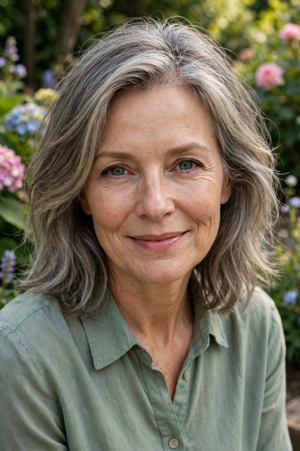 Woman with partial highlights blending gray hair around the temples