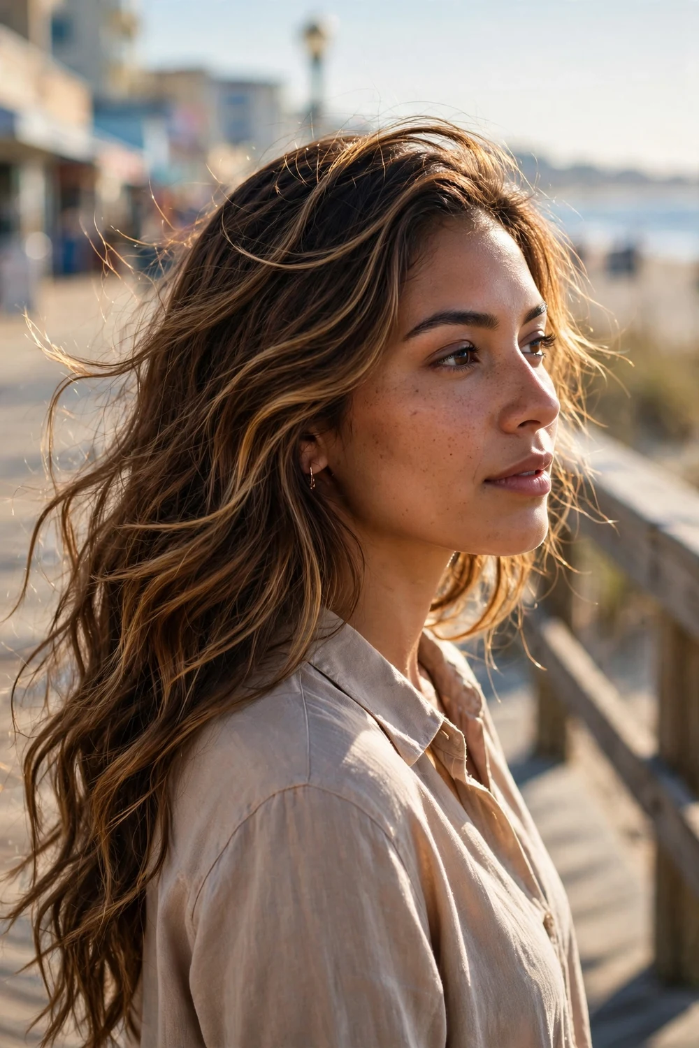 Woman with sun-kissed partial highlights on wavy brown hair