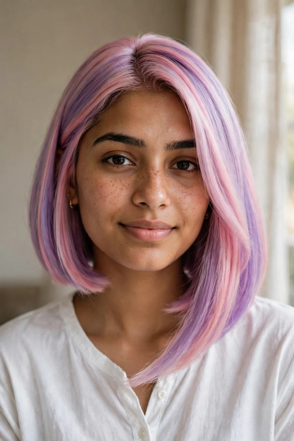 Pastel candy A-line bob with soft pink and lavender tones