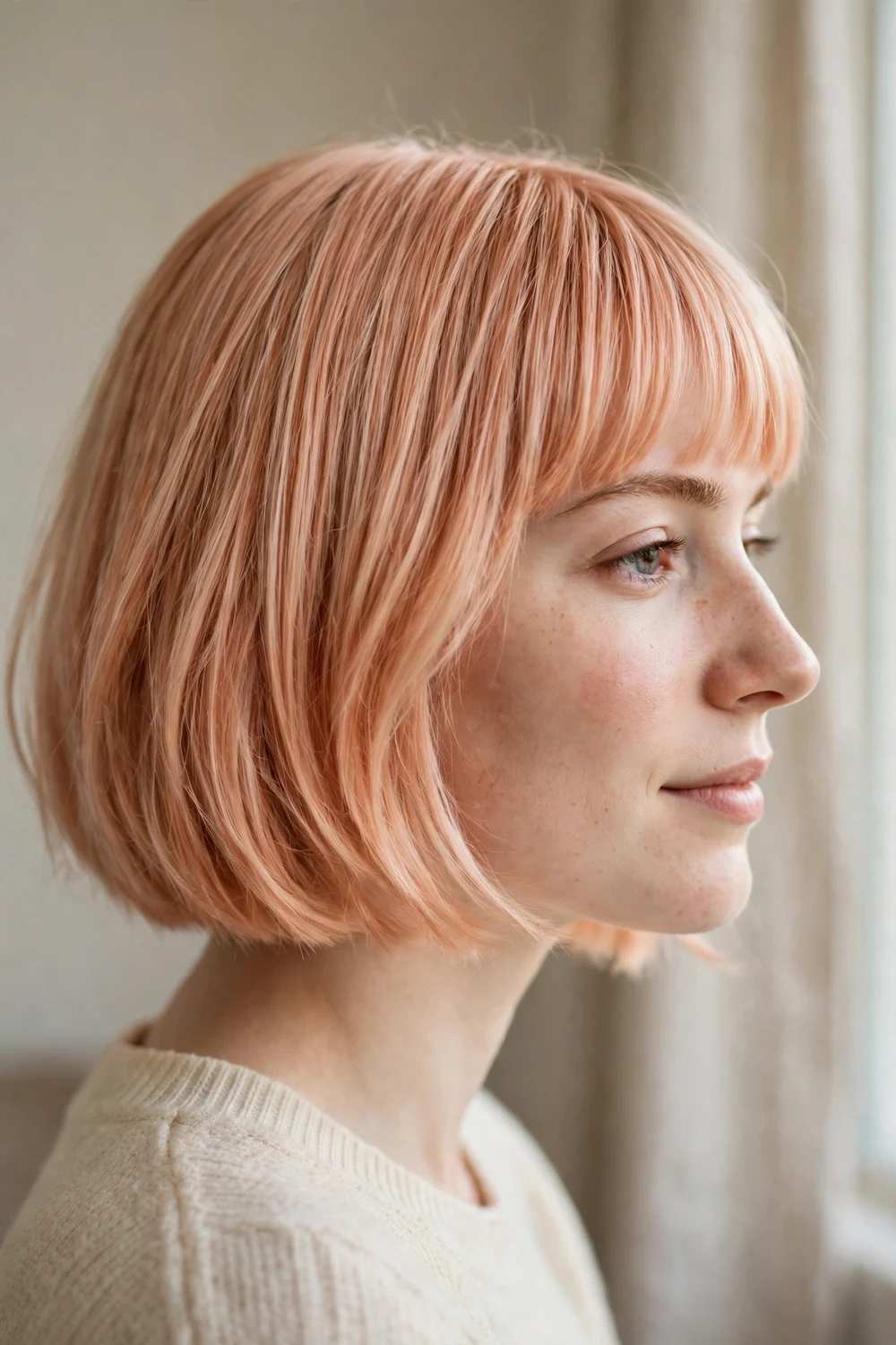 Pastel peach copper blonde bob with straight bangs