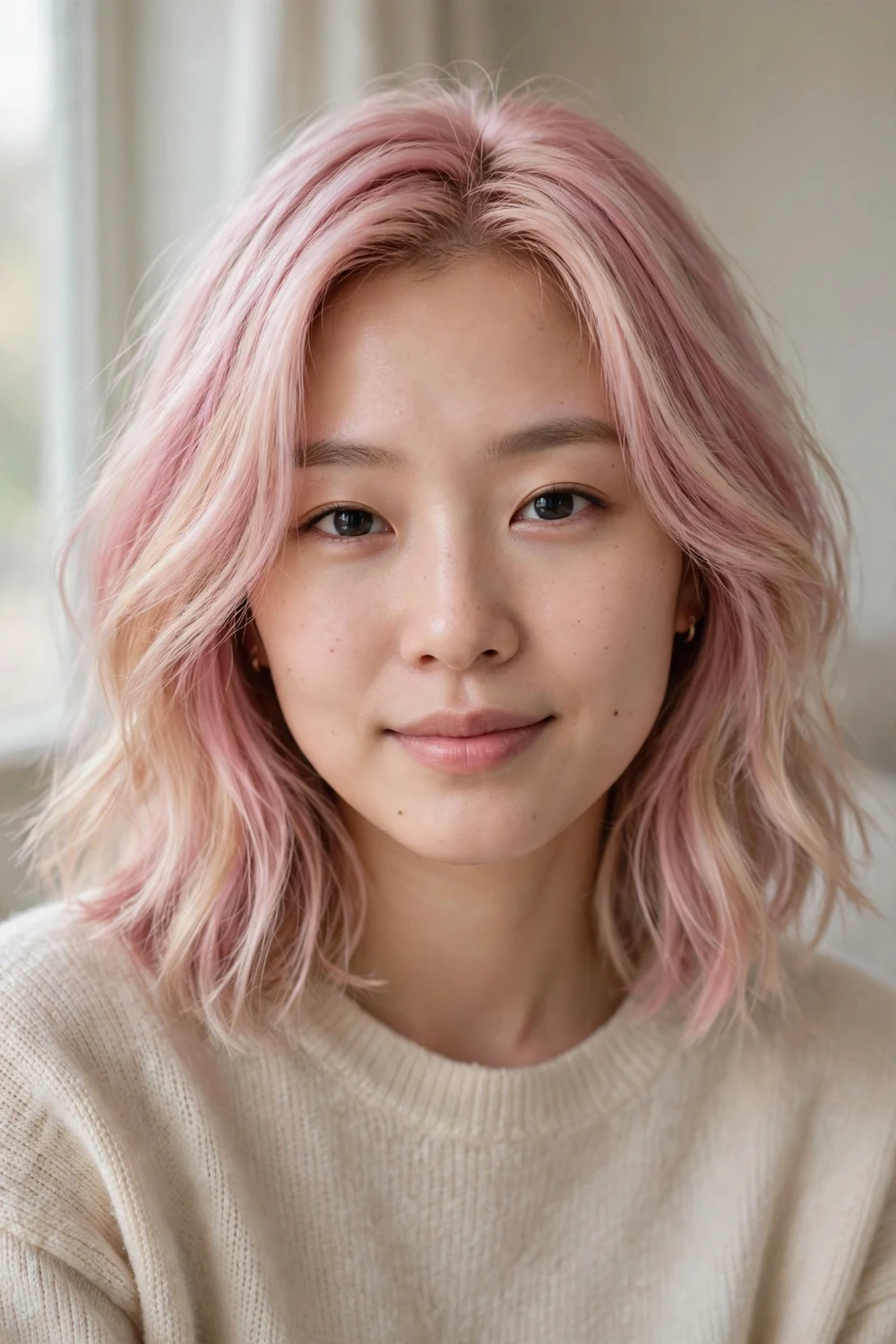 Pastel pink shoulder-length hair in a delicate cool pink shade