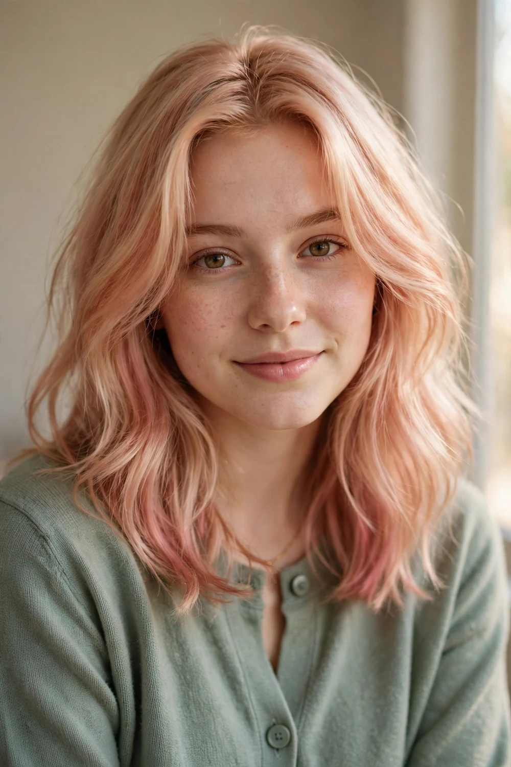 Peach blonde hair with soft peachy pink warm tones