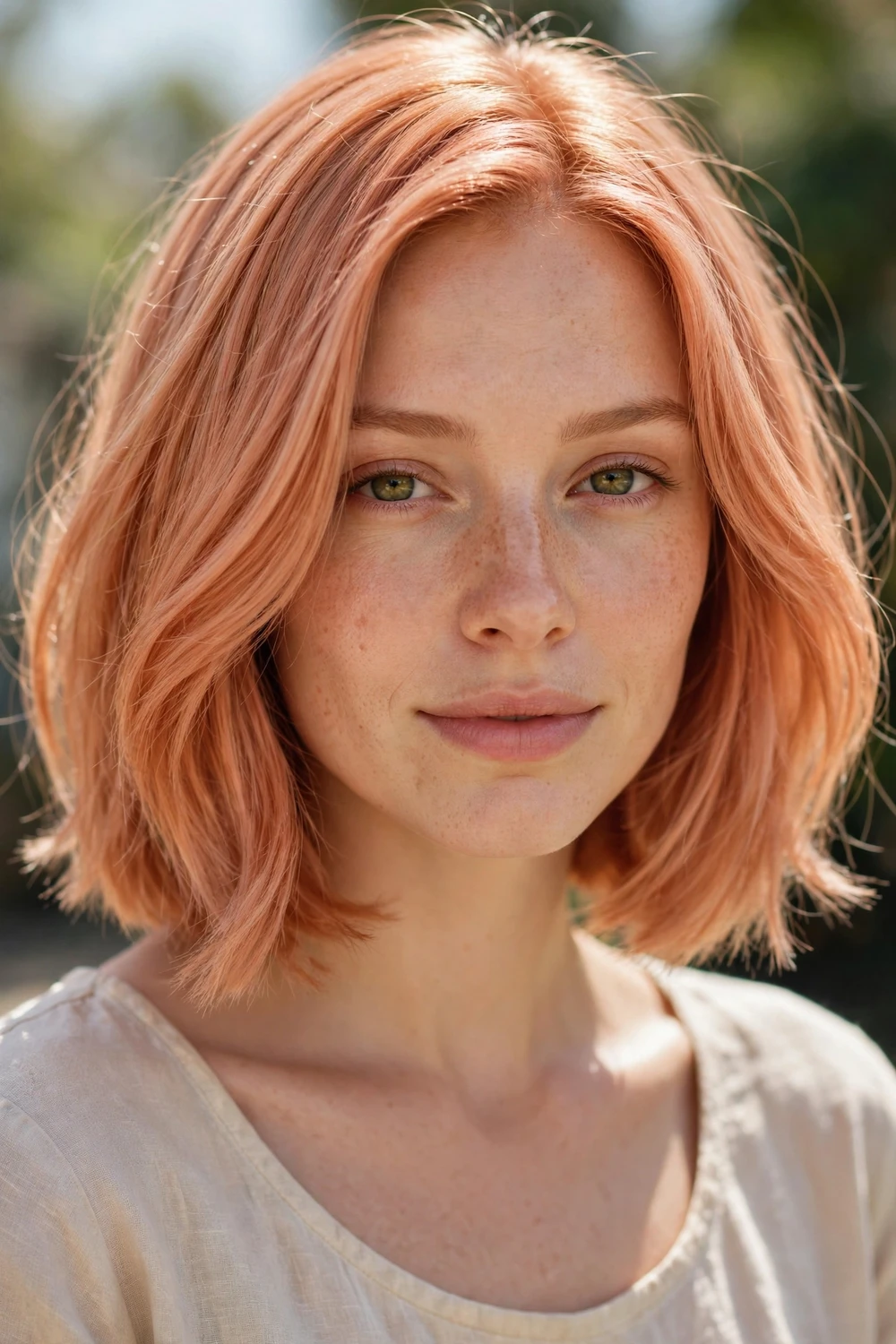 Woman with peachy copper hair, soft peach-orange pastel tones