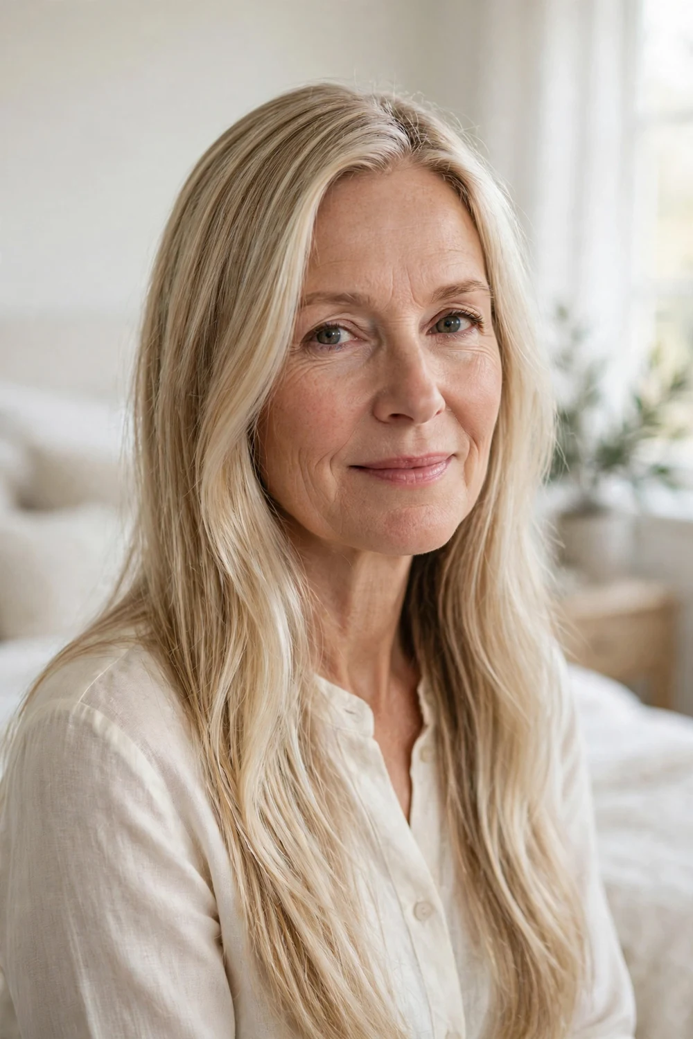 Nordic woman in her early 50s with silky straight long dirty blonde hair and cool pearl blonde highlights with a soft shimmer