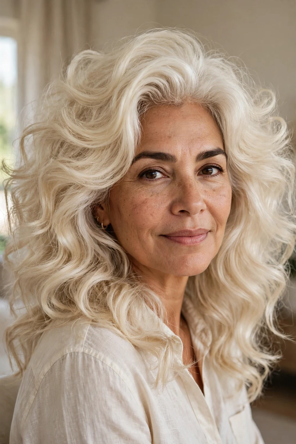 Pearl blonde voluminous hair in airy creamy waves with bounce