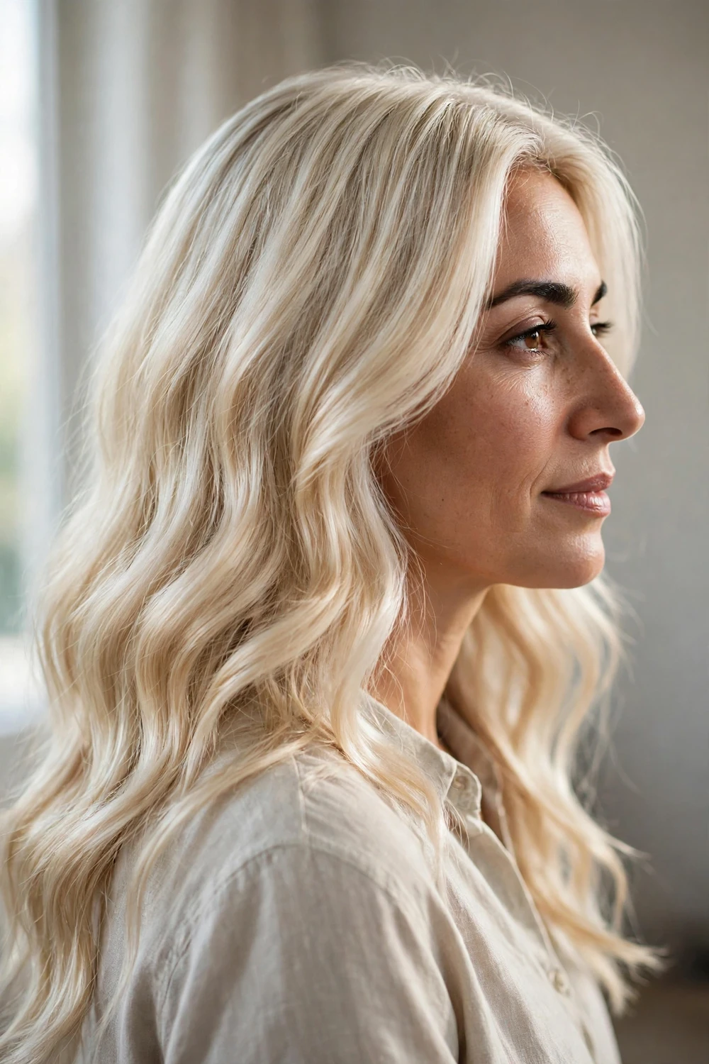 Woman with pearl blonde long wavy hair in a soft luminous pearlescent shade