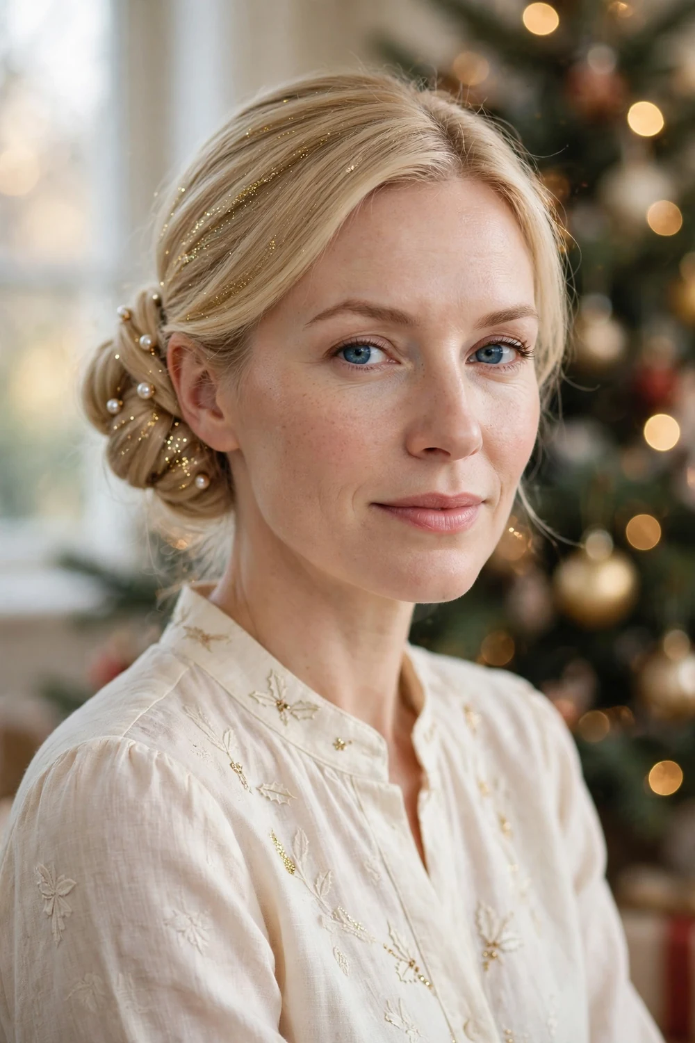 Woman with updo decorated with pearls, glitter streaks and silver ribbon
