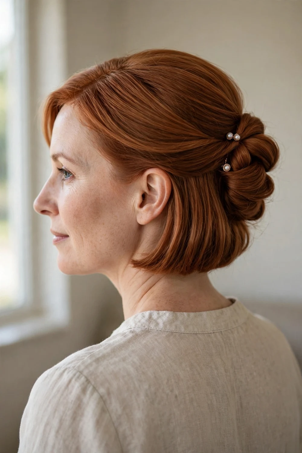 Evening updo with pearl pins on a chin length copper bob