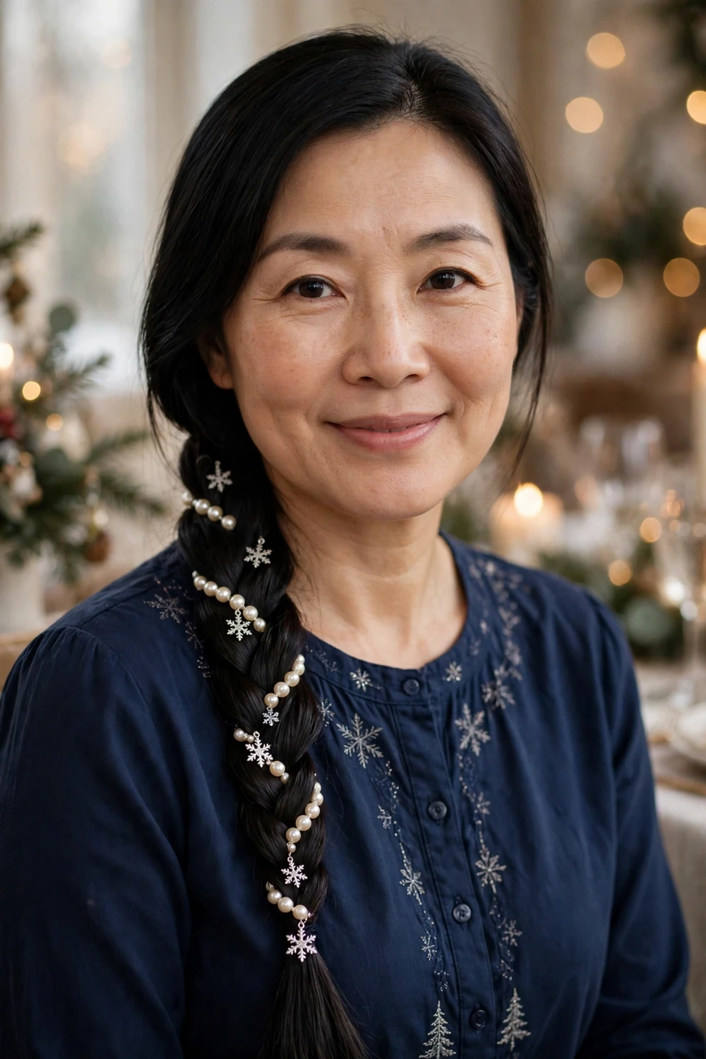 Woman with braid adorned with pearls and snowflake charms