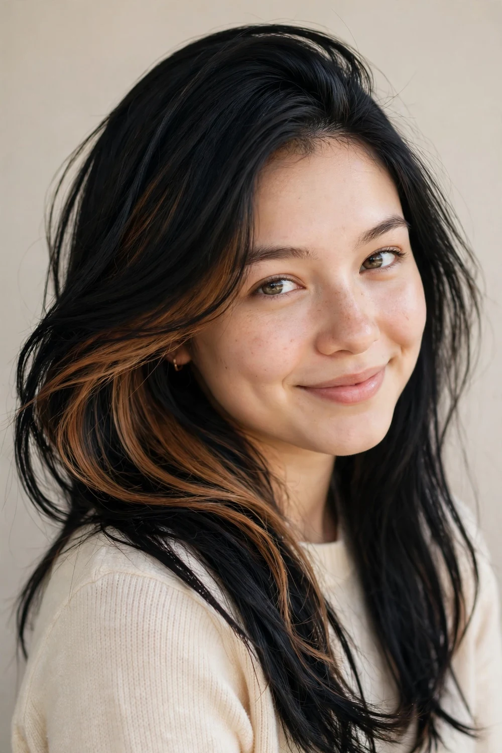 Woman with long black hair swept aside revealing hidden caramel-brown peekaboo highlights