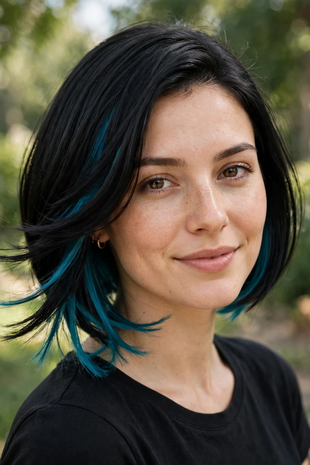 Woman with a micro bob haircut with peekaboo color underneath