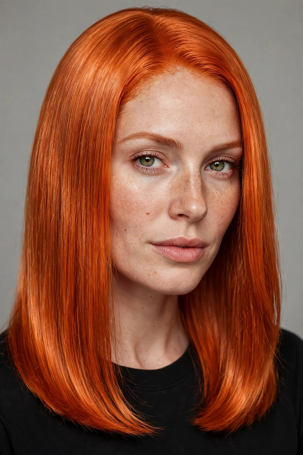 Woman with bright penny copper hair, shiny classic copper penny tones