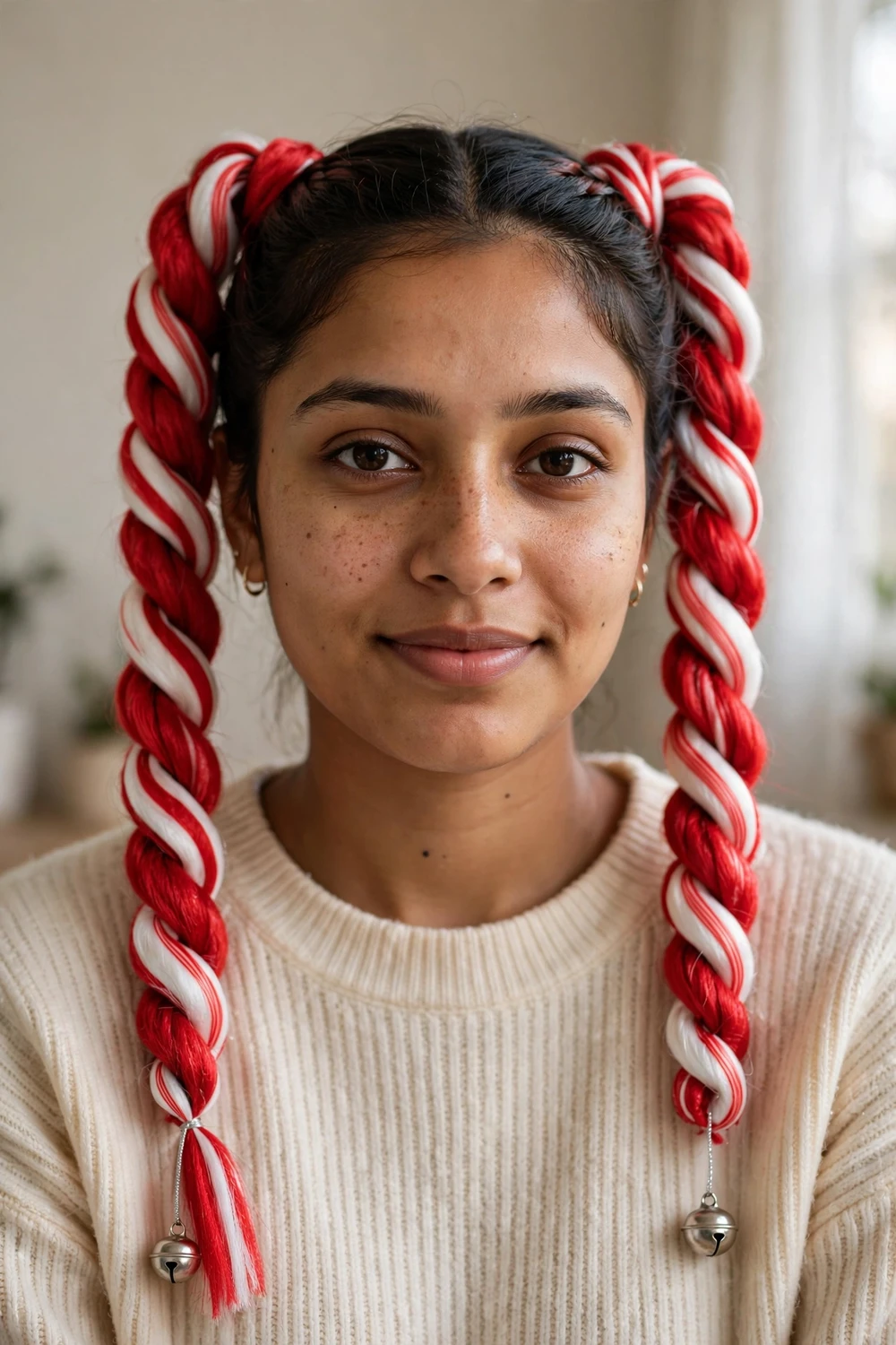 Two twisted candy cane braids in red and white strands with small silver bells