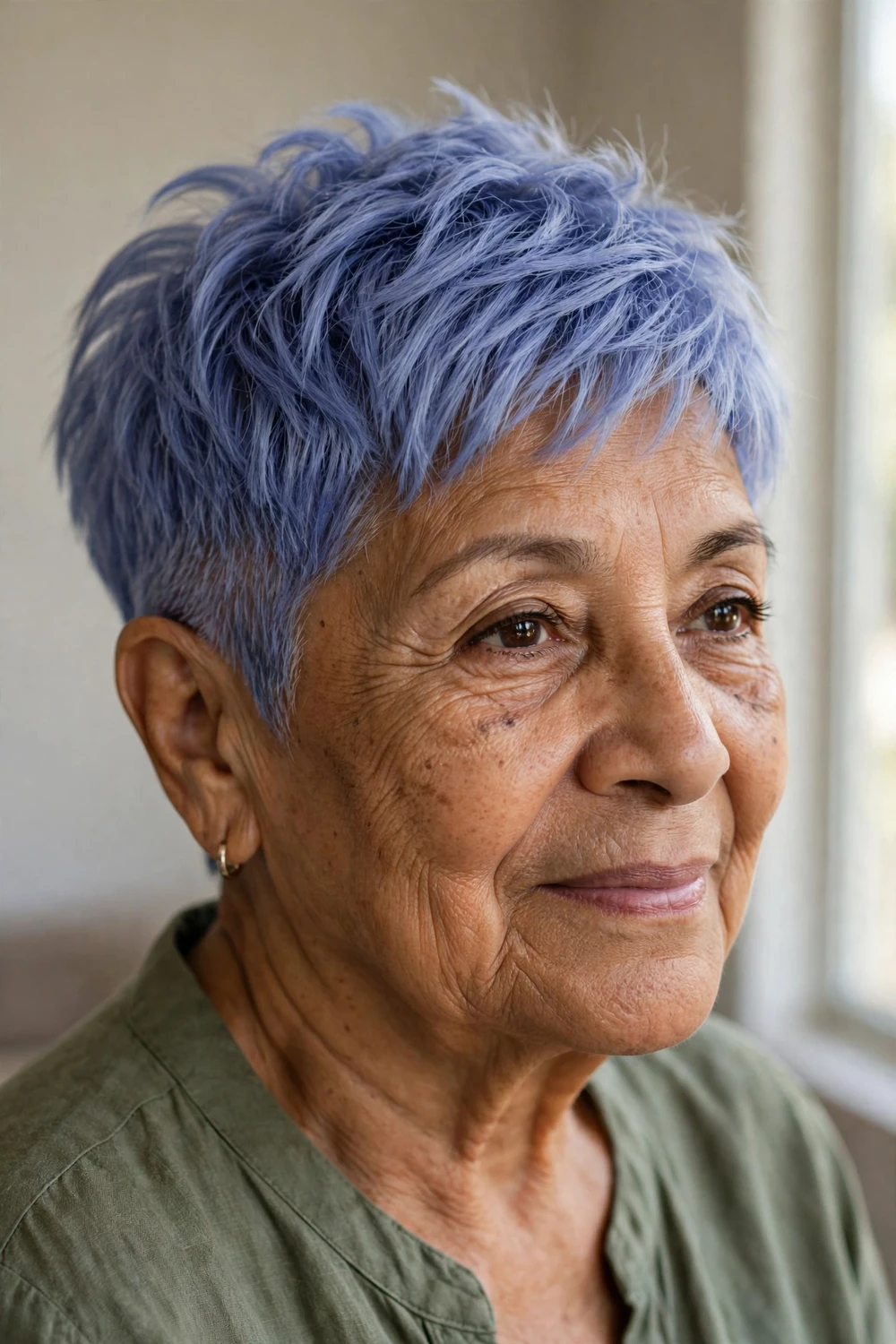 Periwinkle blue pixie haircut for older women