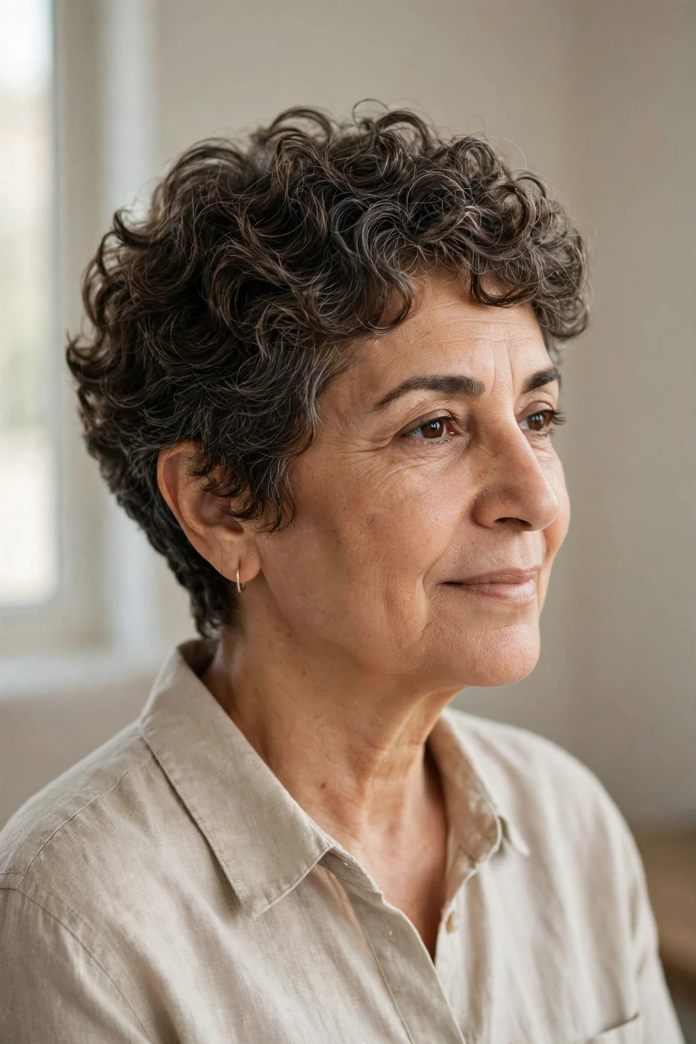 Woman in her 50s with a permed curly pixie, soft permanent curls on a short cut
