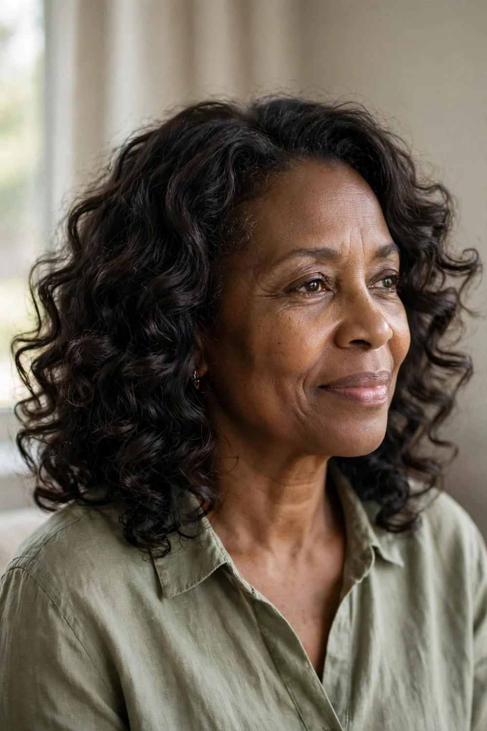 56-year-old Black woman with dark permed mid-length curls, three-quarter view