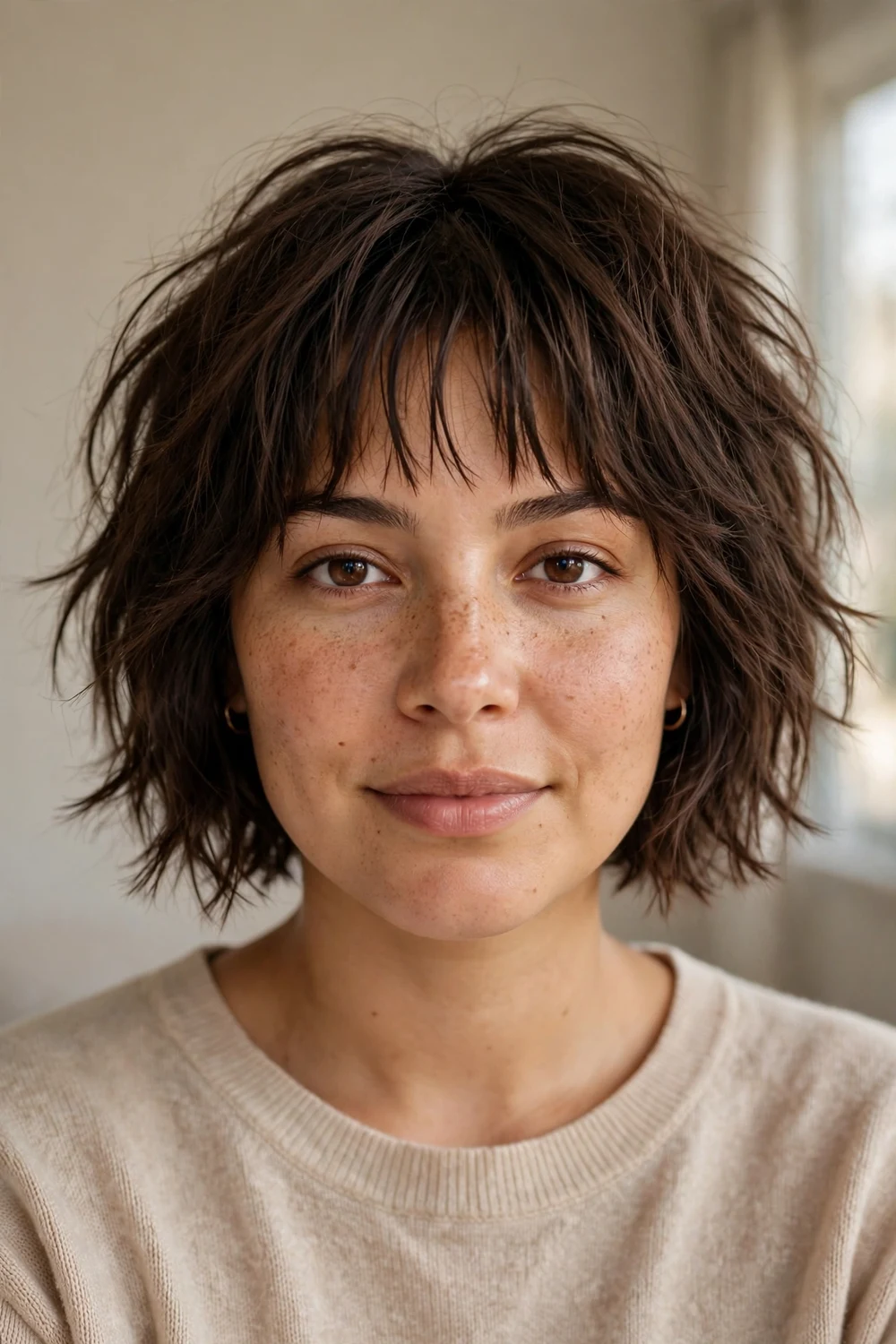 Woman with round face wearing a choppy messy bob with piecey separated bangs