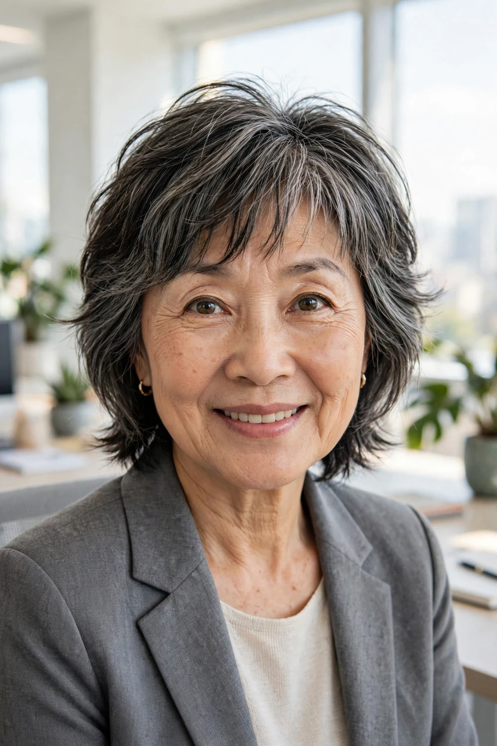 East Asian woman in her early 60s with salt-and-pepper piecey bangs