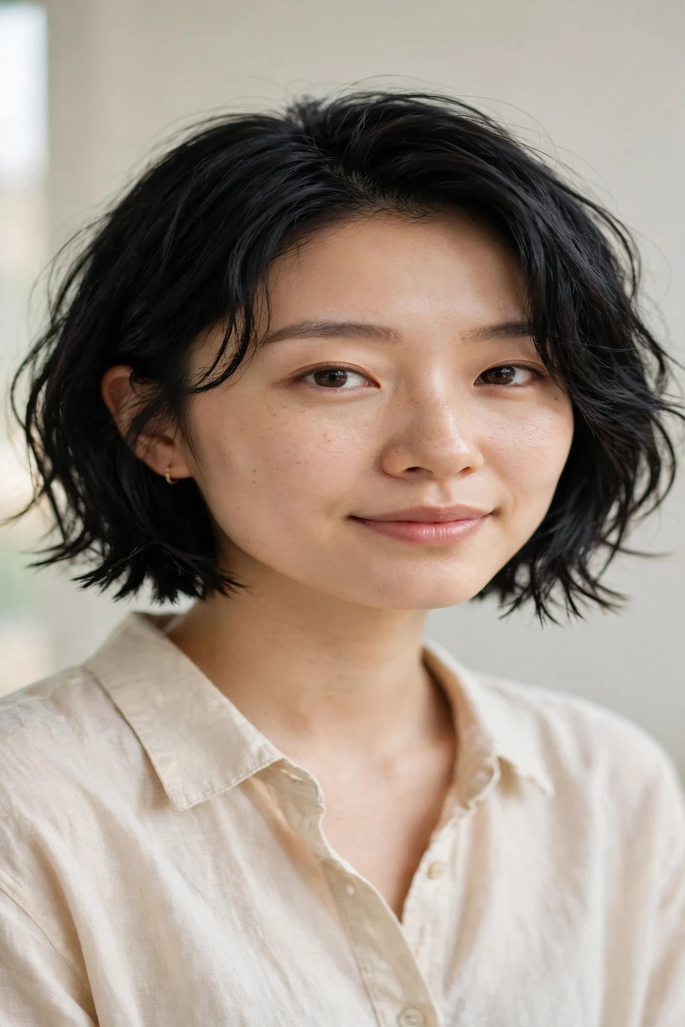 Woman with a textured bob with separated piecey ends