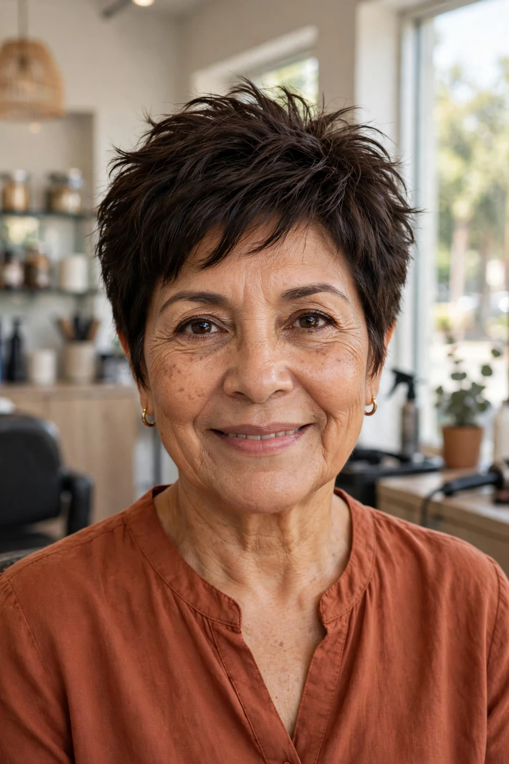 Woman over 50 with dark brown piecey pixie and defined texture