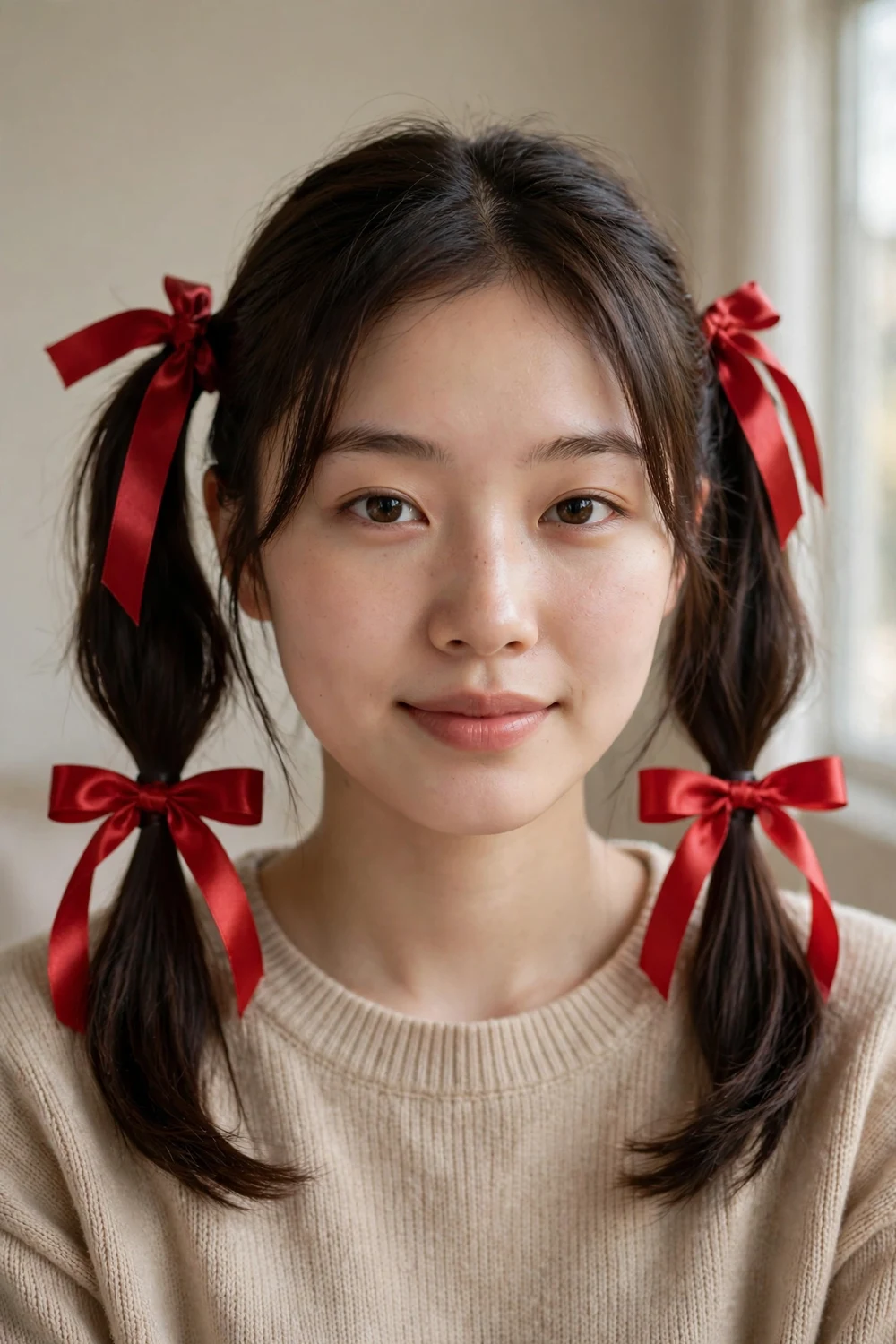 Woman with playful pigtails tied with red ribbons for Christmas