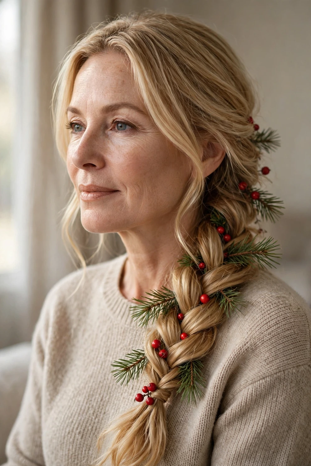 Loose side braid over one shoulder decorated with pine sprigs and red berries