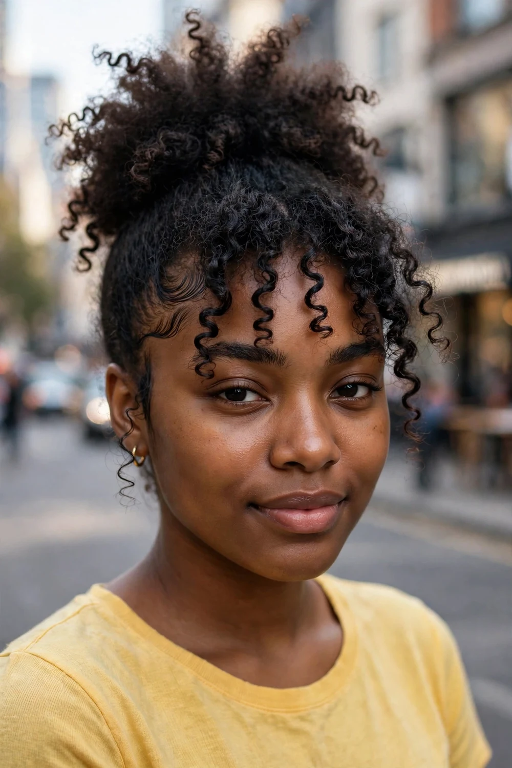 Woman with an oval face wearing a high pineapple puff with curls cascading forward