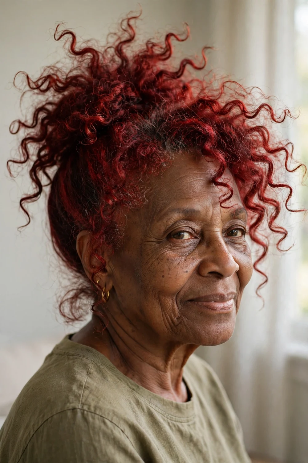 Woman over 60 with a red pineapple updo