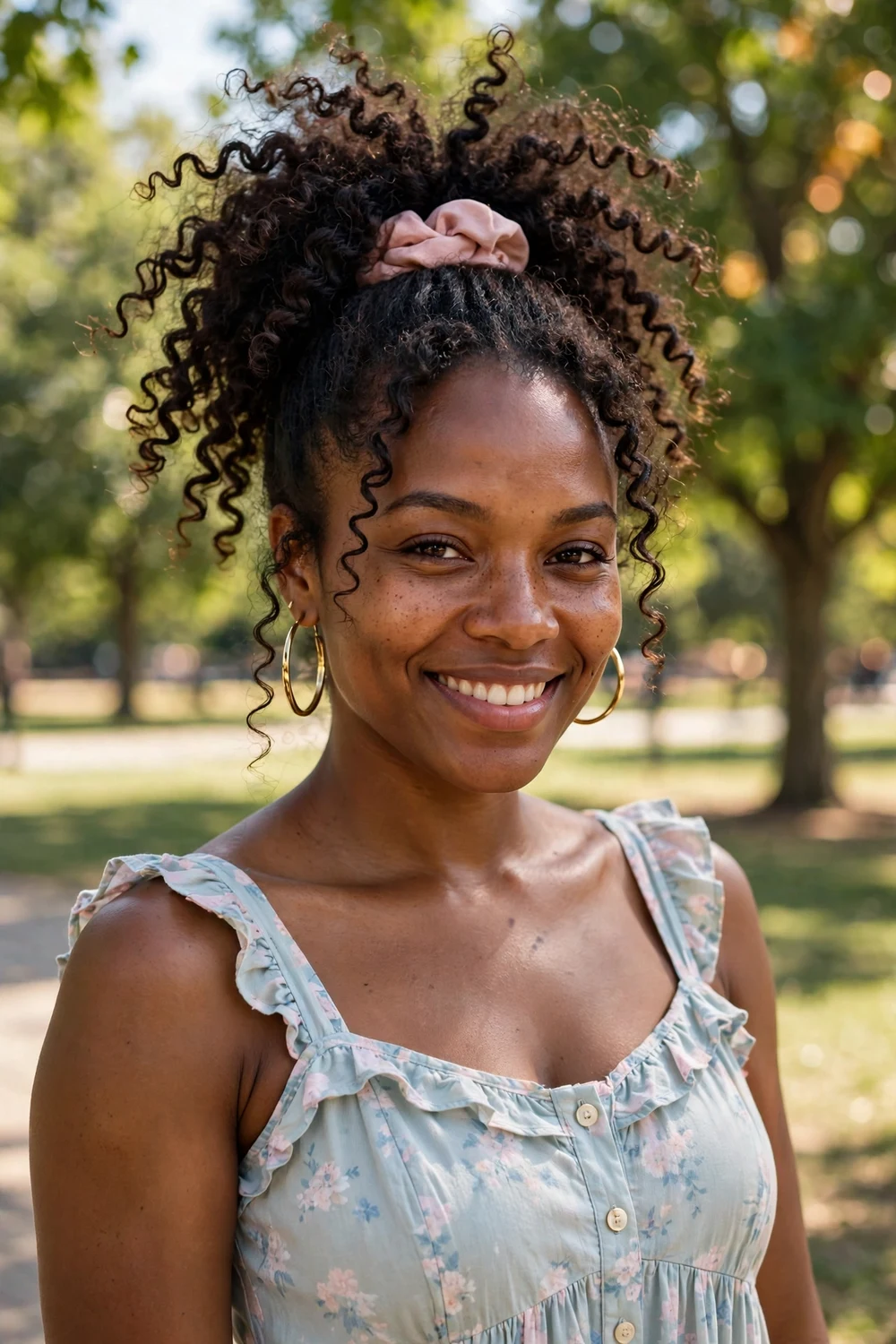 Woman wearing a high pineapple updo with defined natural curls