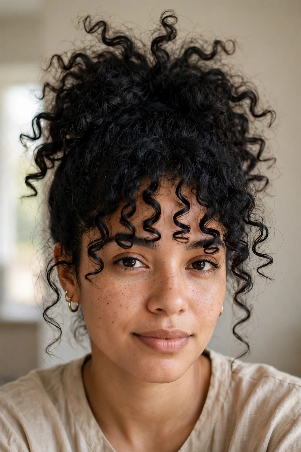 Woman with a pineapple updo in thick curly hair
