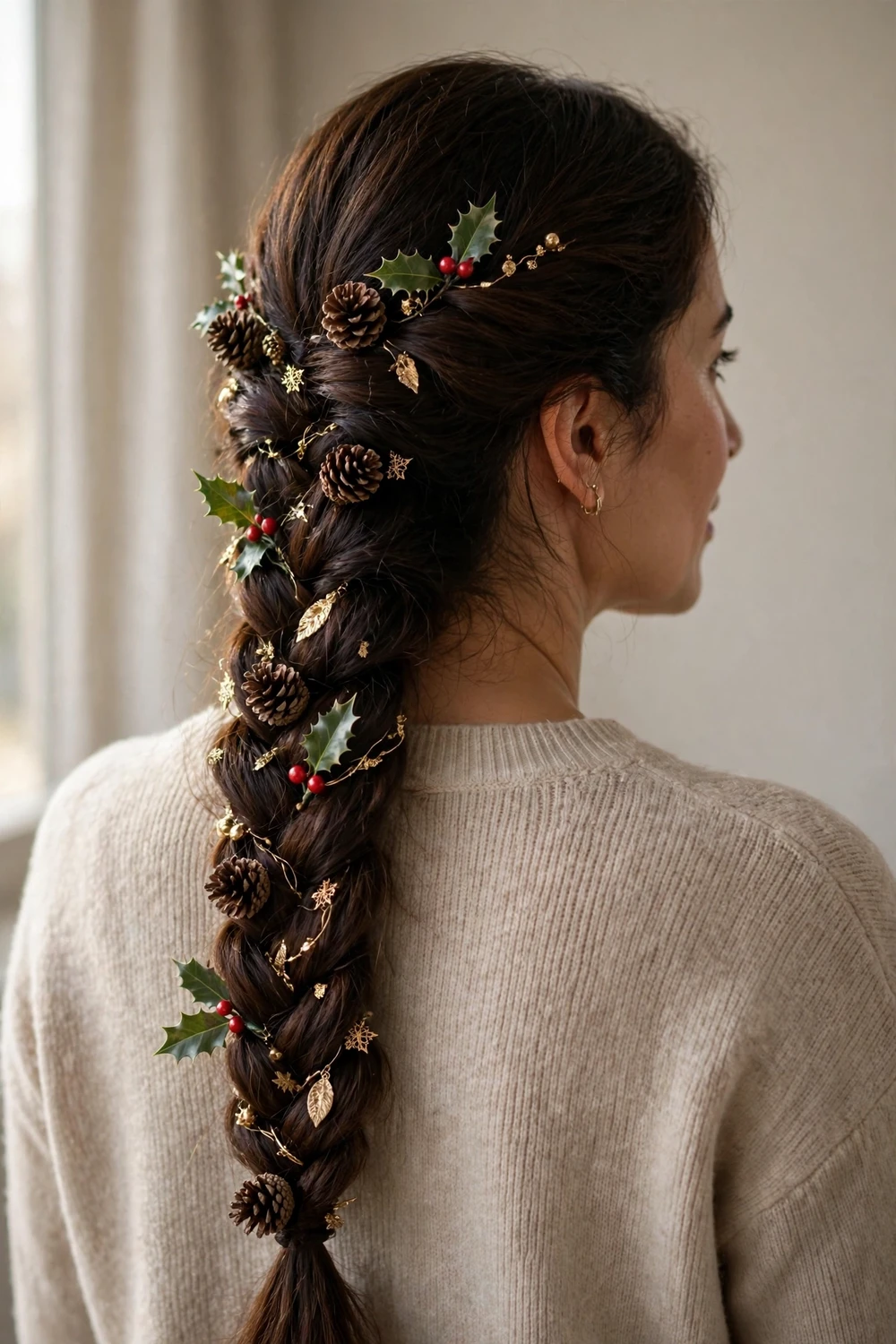 Full rustic braid decorated with small pinecones, holly leaves and tiny gold ornaments