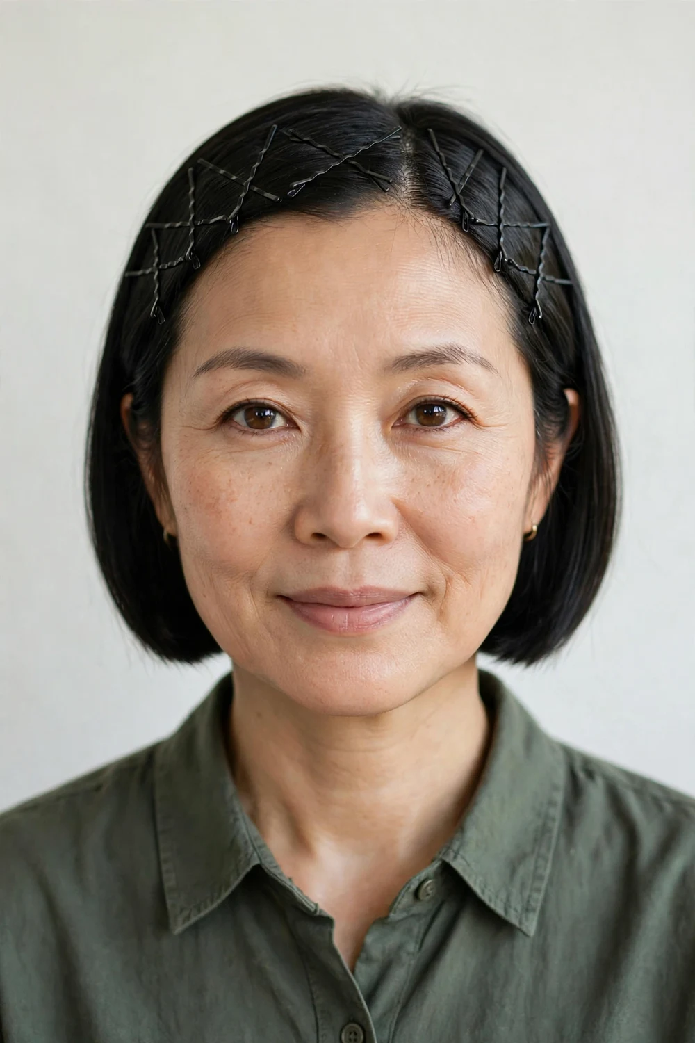 East Asian woman in her forties with a black bob with front sections pinned back