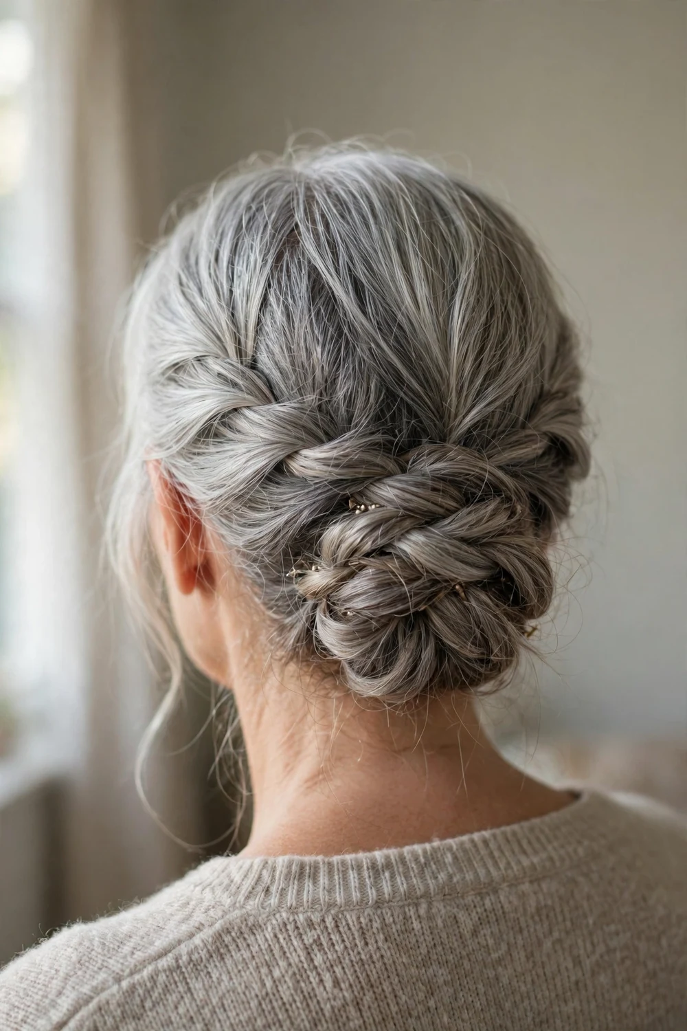 Pinned braided updo styled into a low braided bun