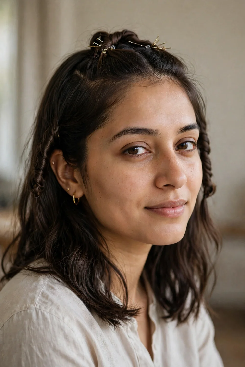 Woman with dark brown medium-length hair with front sections twisted back and pinned