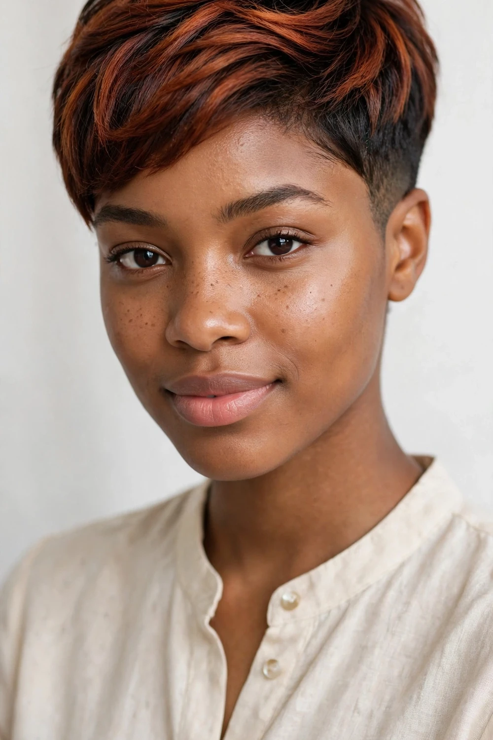Black woman with a tapered pixie with auburn balayage color