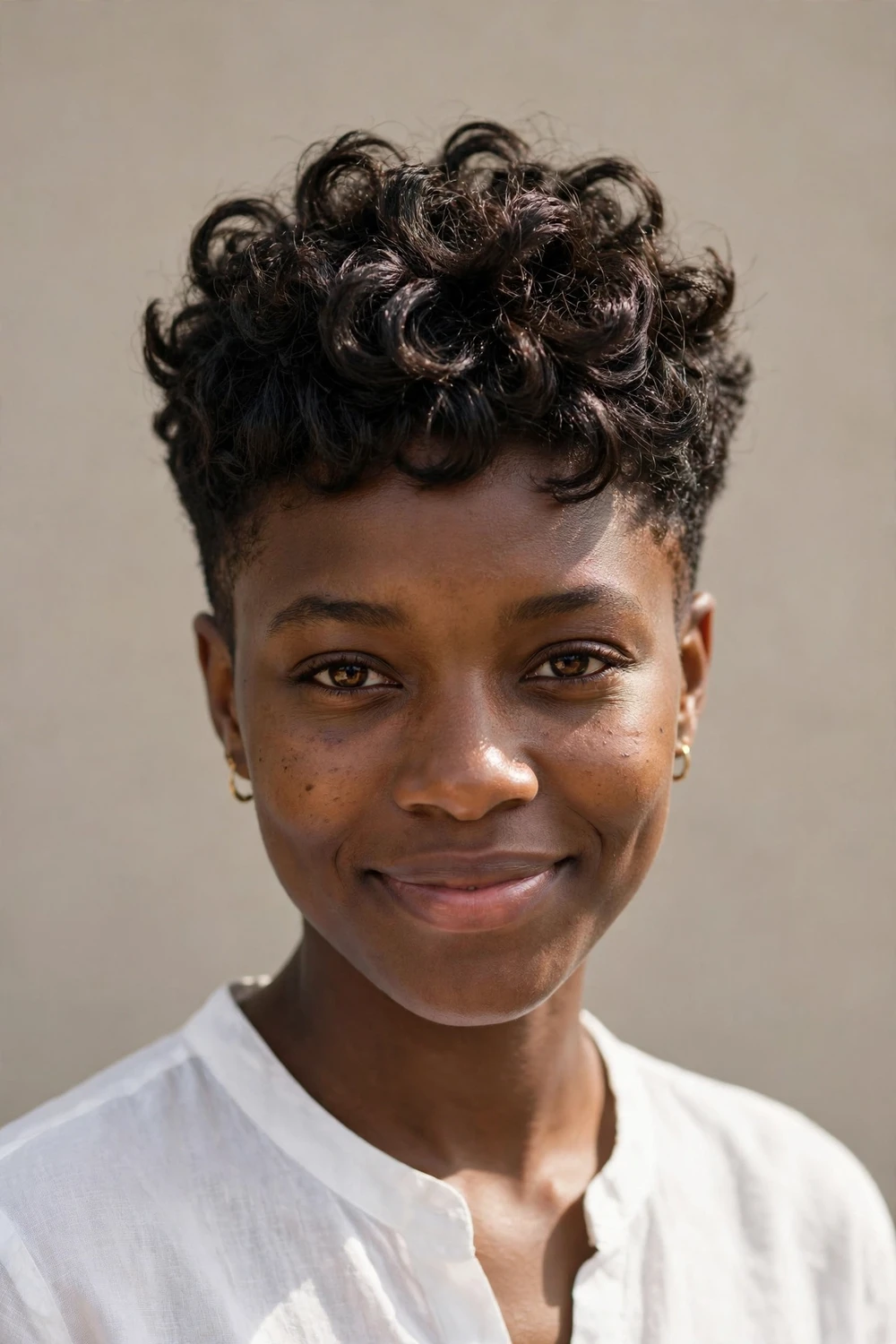 Black woman with a curly tapered pixie and defined curls on top