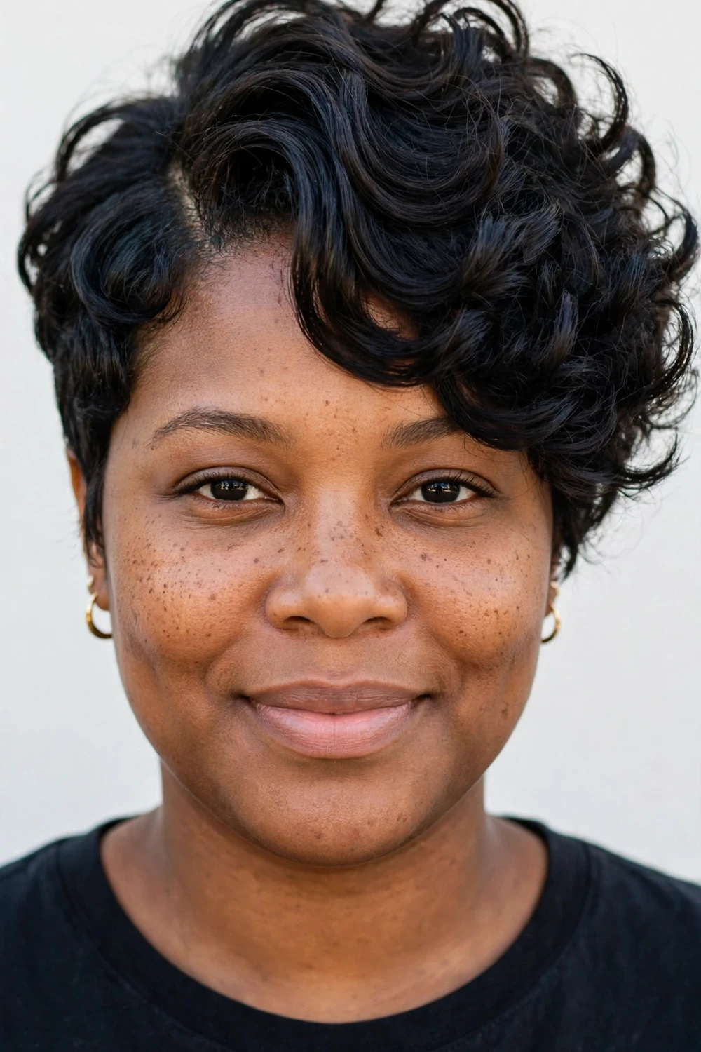 Black woman with a deep side part curly pixie with dramatic volume