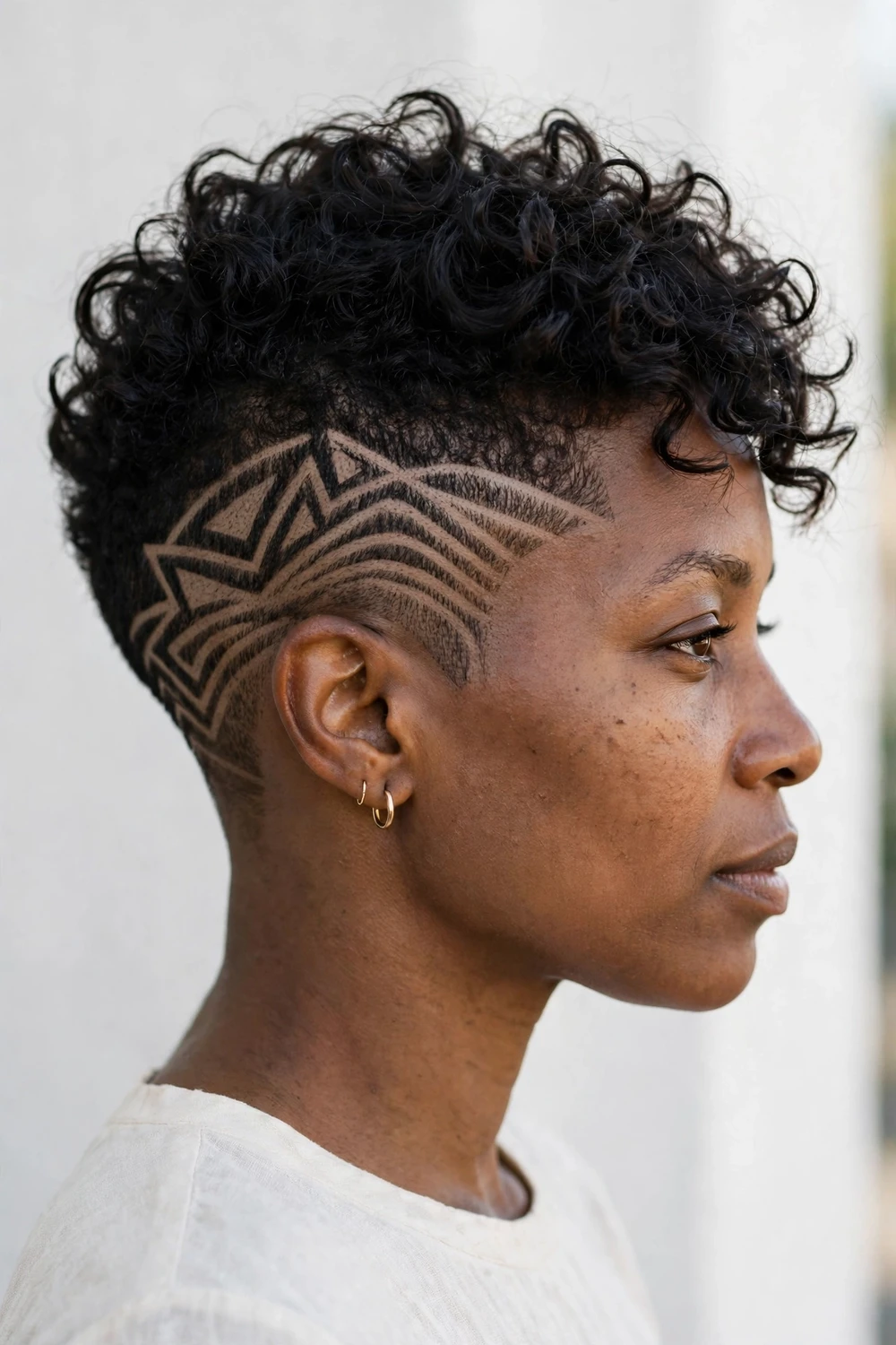 Side view of a Black woman with a pixie featuring a shaved line design in the fade
