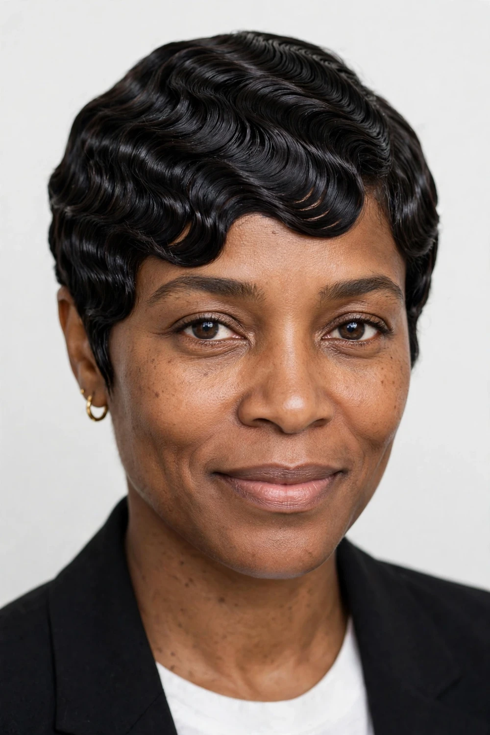 Black woman with a short pixie styled in classic sculpted finger waves