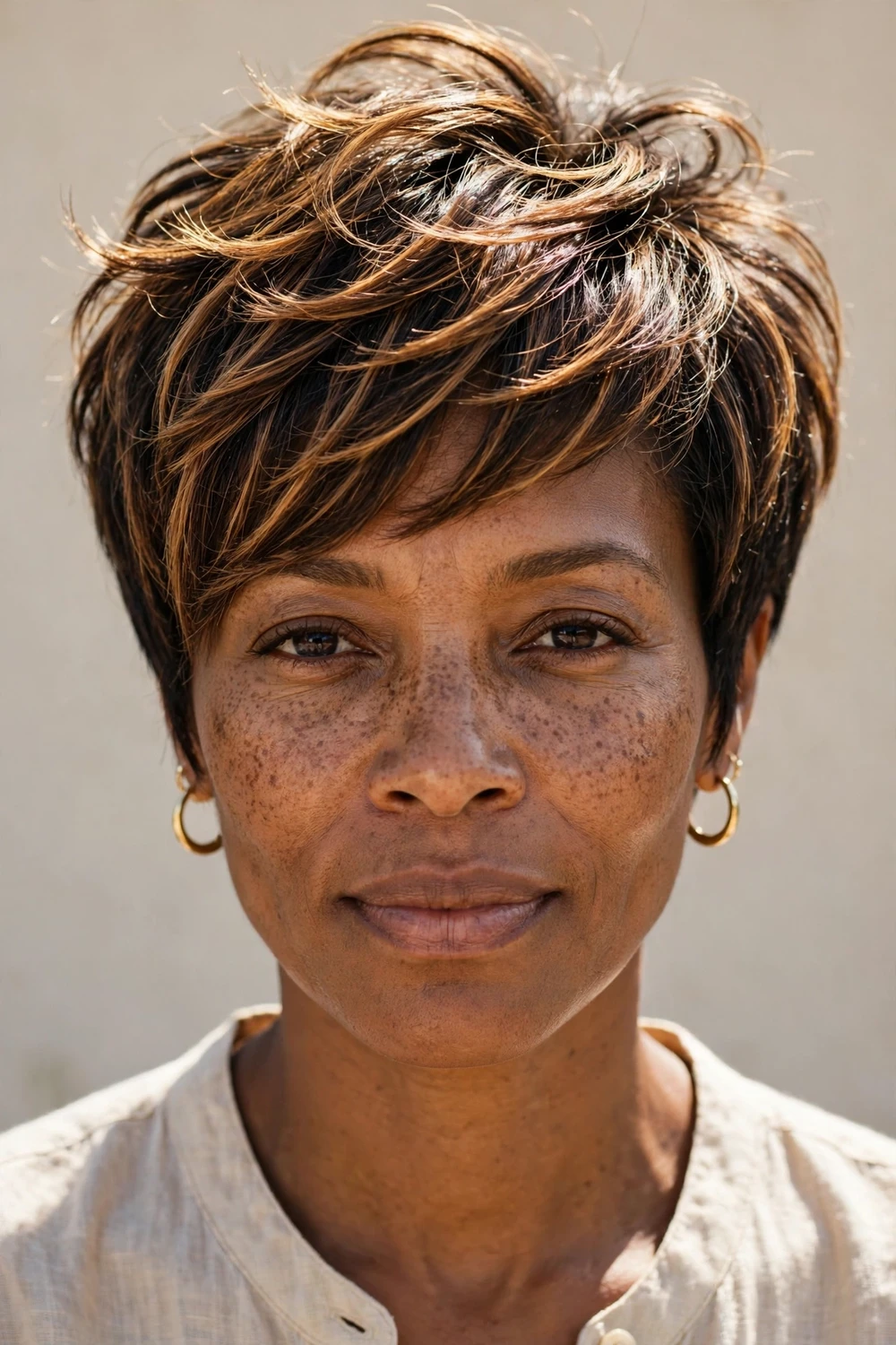 Black woman with a layered pixie with caramel highlights