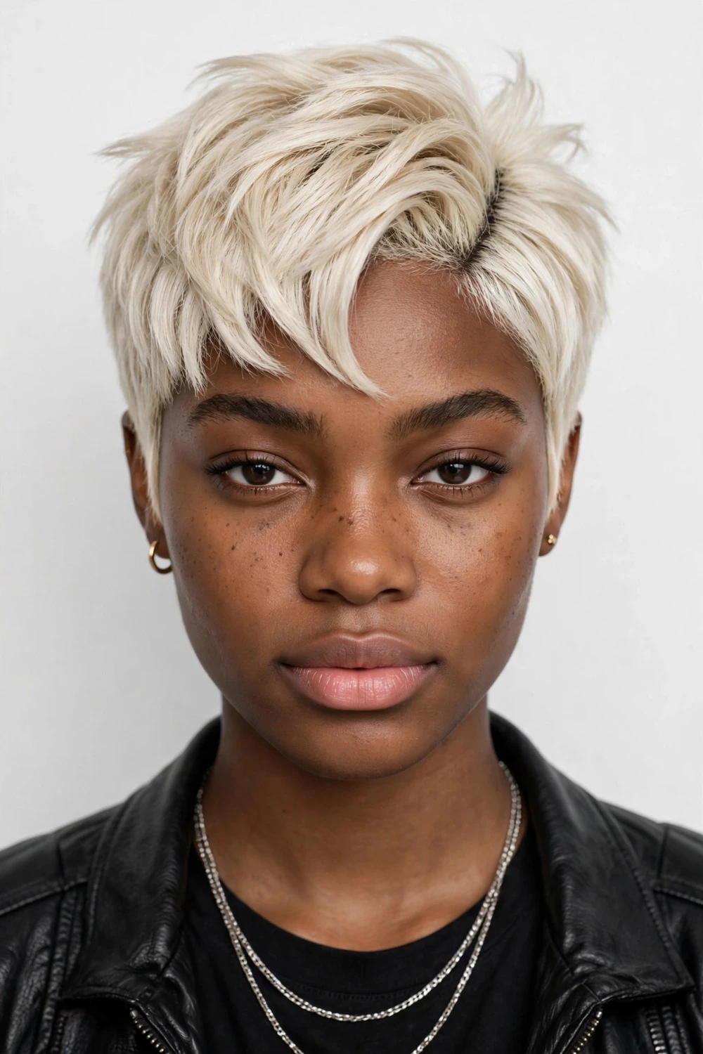 Black woman with a platinum blonde pixie and deep side part