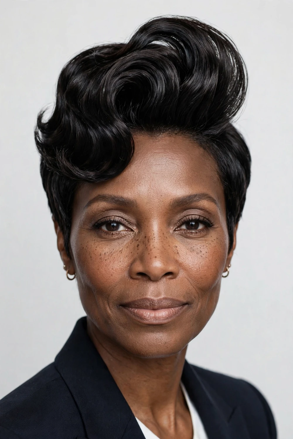 Black woman with a pixie featuring a voluminous pompadour top
