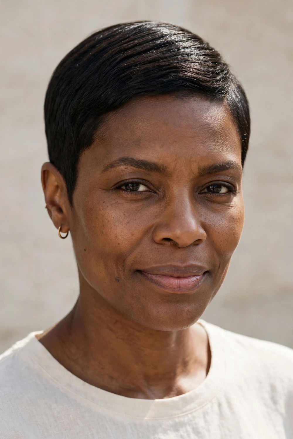 Black woman with a sleek short pixie with closely cropped sides