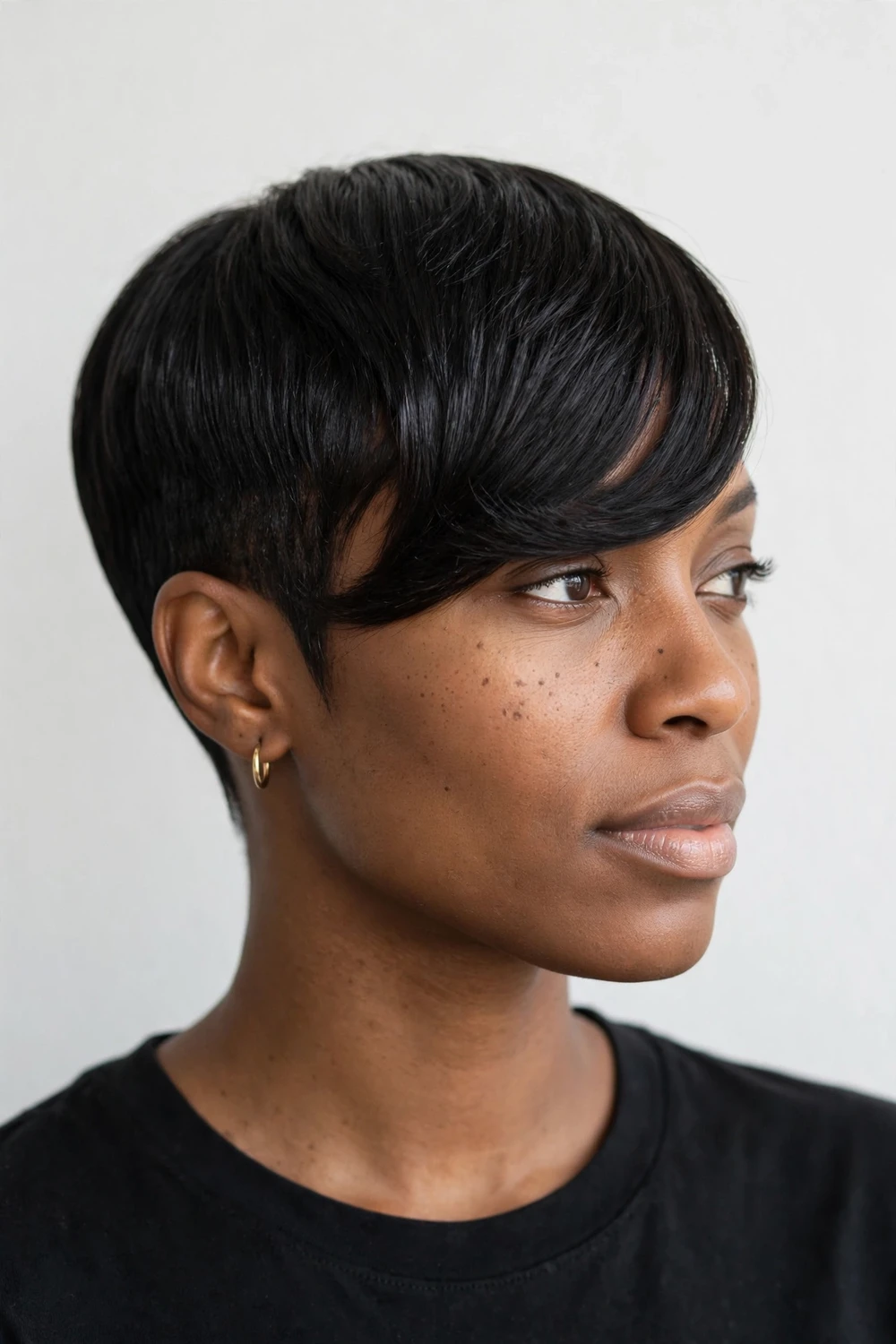 Black woman with a sleek tapered pixie and long side-swept bangs