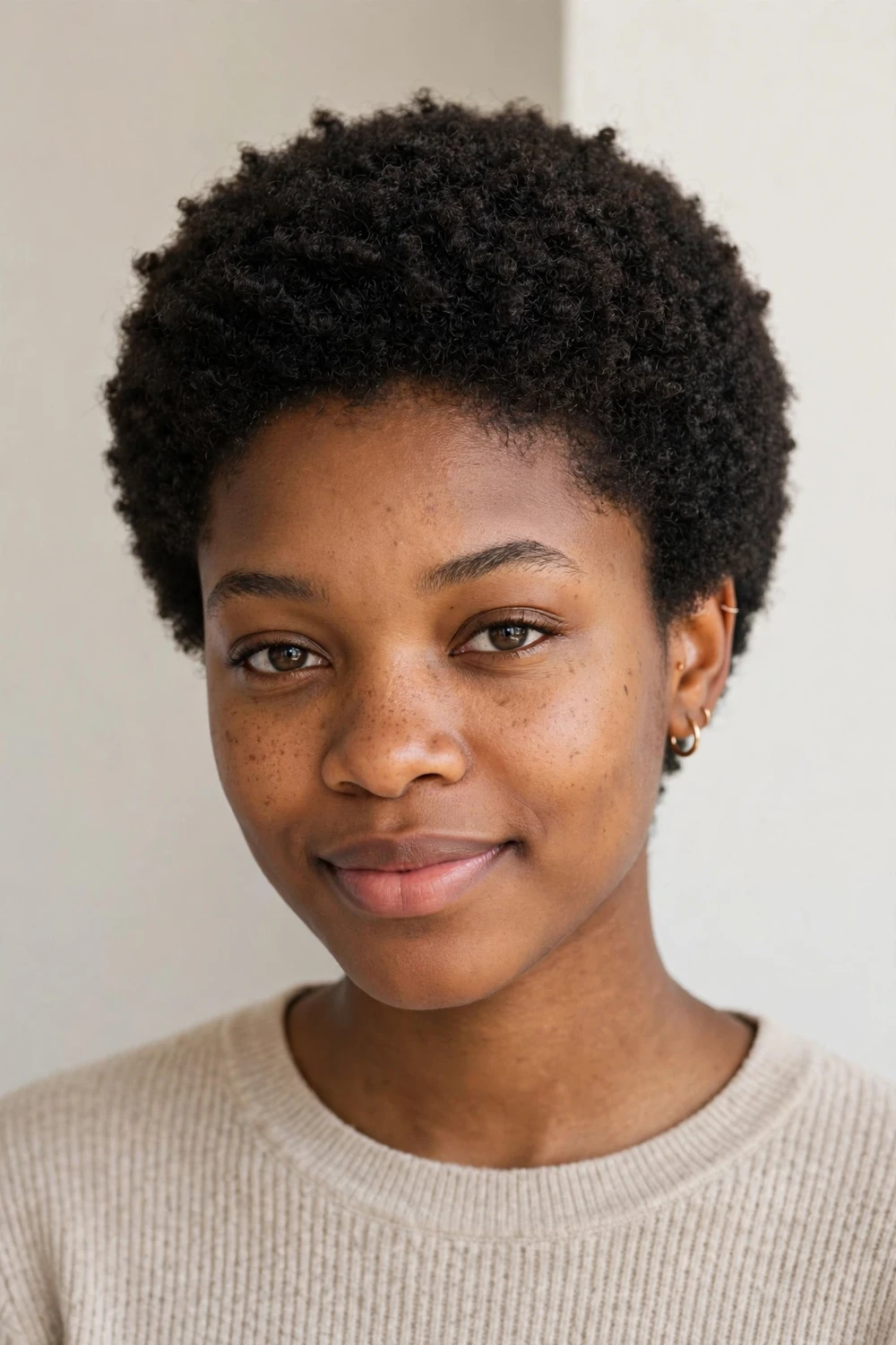 Black woman with a rounded tapered afro with even natural coils