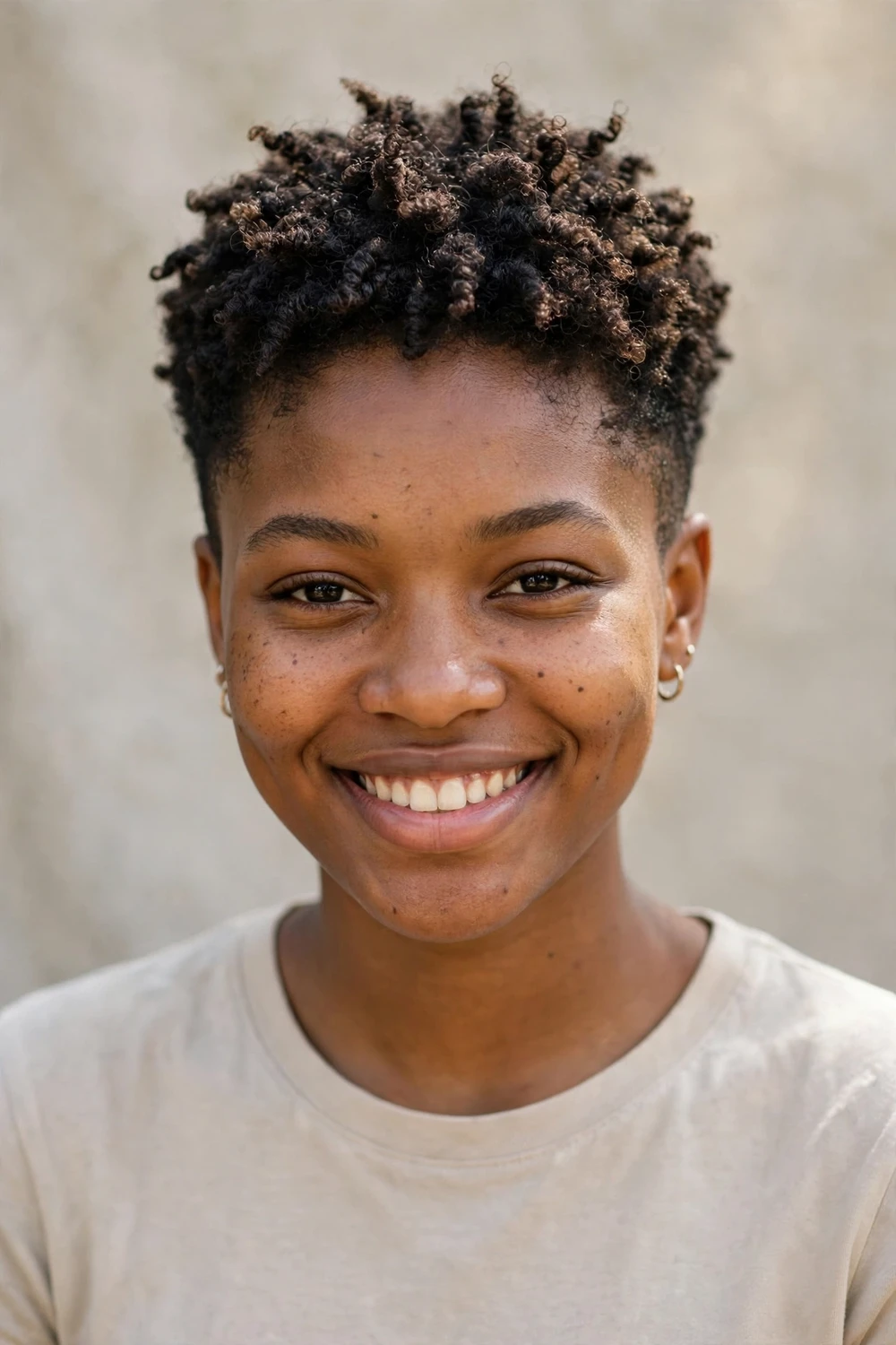 Black woman with a textured natural tapered pixie showing defined coils