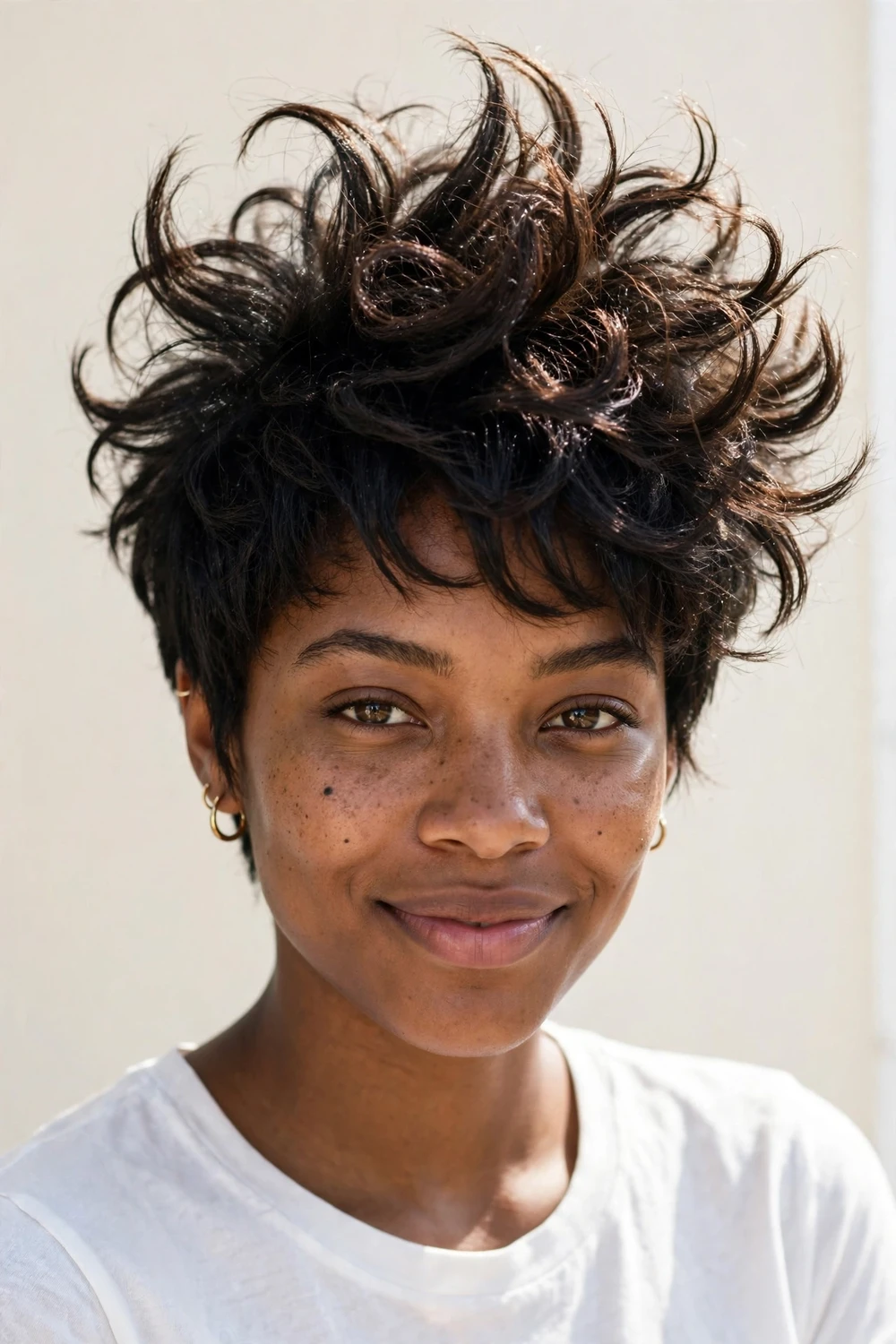 Black woman with a tousled textured pixie with volume on top