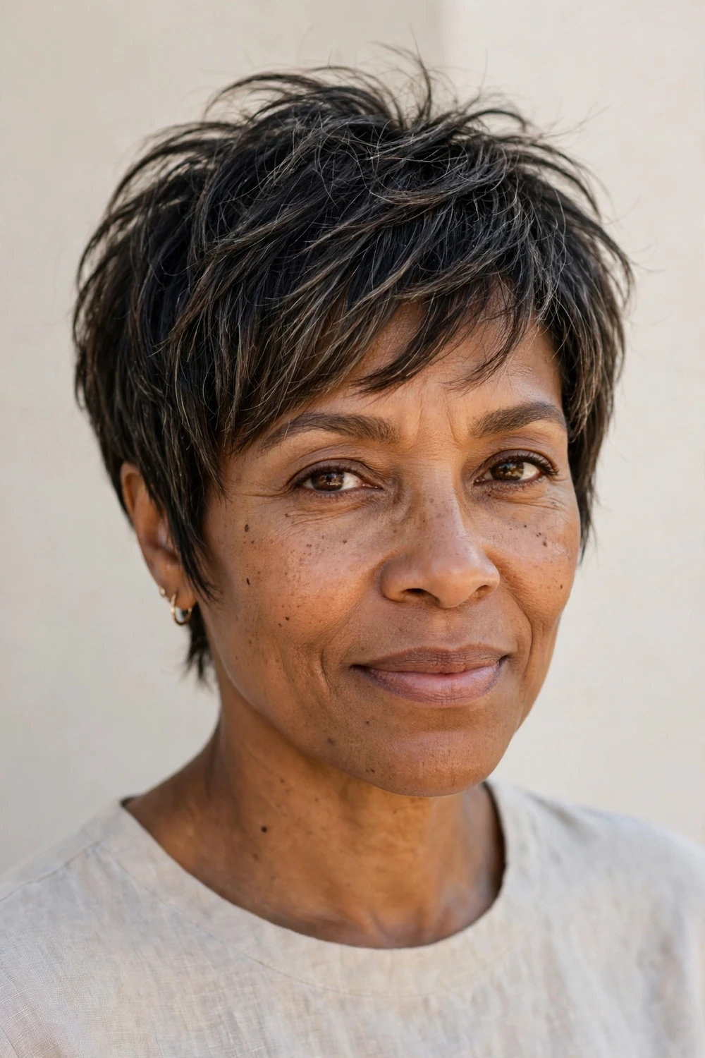 Black woman with a wispy layered pixie with feathered ends