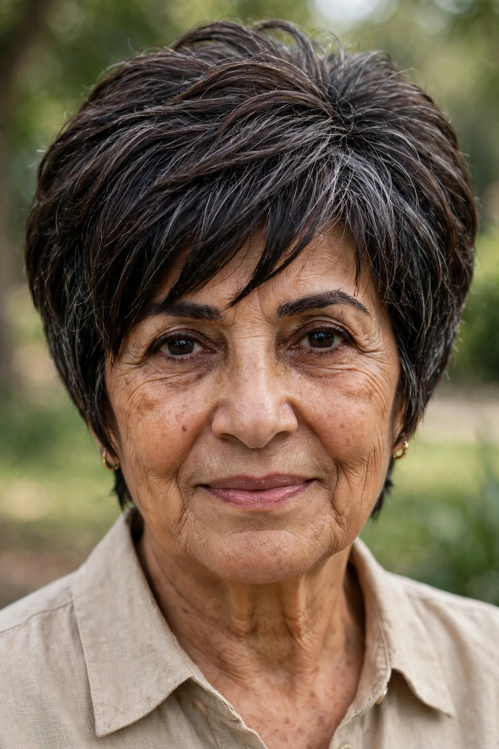 Woman in her late 60s with pixie bob hybrid and tapered back, side view